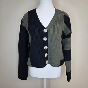 Buttermelon Women Olive Green Black Colorblock Cropped Ribbed Cardigan Sweater S